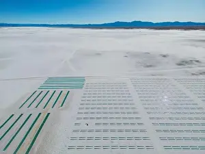Crystallization Prints: Aerial view of the salt basins in the salt crust of the huge salt flats Salinas Grandes de Jujuy in northern Argentina