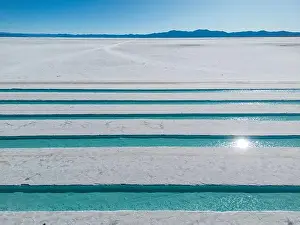 Crystallization Prints: Aerial view of the salt basins in the salt crust of the huge salt flats Salinas Grandes de Jujuy in northern Argentina