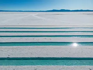 Crystallization Prints: Aerial view of the salt basins in the salt crust of the huge salt flats Salinas Grandes de Jujuy in northern Argentina