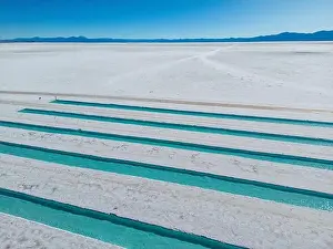 Crystallization Prints: Aerial view of the salt basins in the salt crust of the huge salt flats Salinas Grandes de Jujuy in northern Argentina