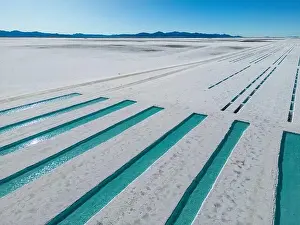 Crystallization Prints: Aerial view of the salt basins in the salt crust of the huge salt flats Salinas Grandes de Jujuy in northern Argentina