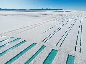 Crystallization Prints: Aerial view of the salt basins in the salt crust of the huge salt flats Salinas Grandes de Jujuy in northern Argentina