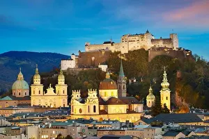 Alleyway Prints: Aerial view of Salzburg Old Town, castle visible in the background, Austria