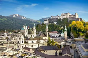 Aerial view of Salzburg Old Town, the Castle visible in the background, Austria