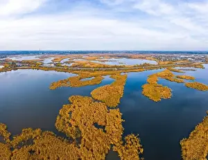 Dnepr Prints: Aerial view of the Samarskie Plavni on the Dnieper in Ukraine in the evening warm bright light
