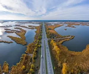 Dnepr Prints: Aerial view of the Samarskie Plavni on the Dnieper in Ukraine in the evening warm bright light