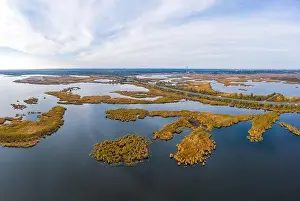 Aerial view of the Samarskie Plavni on the Dnieper in Ukraine in the evening warm bright light