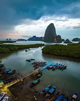 Aerial view of Samet Nangshe Viewpoint at sunset during rainy season, Phang Nga, Thailand