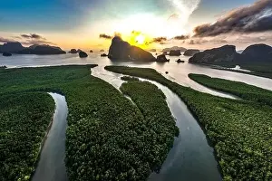 Aerial view of Samet Nangshe Viewpoint at sunset during rainy season, Phang Nga, Thailand