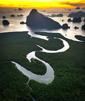 Aerial view of Samet Nangshe Viewpoint at sunset during rainy season, Phang Nga, Thailand