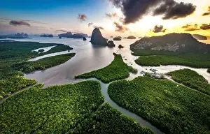 Aerial view of Samet Nangshe Viewpoint at sunset during rainy season, Phang Nga, Thailand