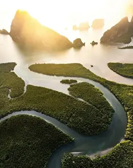 Samet Nangshe Prints: Aerial view of Samet Nangshe Viewpoint at sunset during rainy season, Phang Nga, Thailand