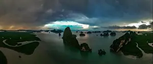 Aerial view of Samet Nangshe Viewpoint at sunset during rainy season, Phang Nga, Thailand
