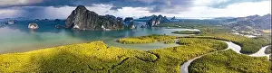 Aerial view of Samet Nangshe Viewpoint at sunset during rainy season, Phang Nga, Thailand