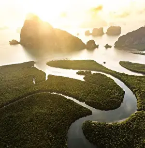 Aerial view of Samet Nangshe Viewpoint at sunset during rainy season, Phang Nga, Thailand
