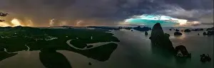 Aerial view of Samet Nangshe Viewpoint at sunset during rainy season, Phang Nga, Thailand