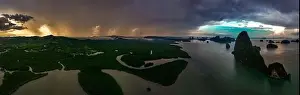 Samet Nangshe Prints: Aerial view of Samet Nangshe Viewpoint at sunset during rainy season, Phang Nga, Thailand