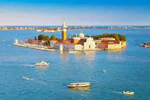 Motorboat Prints: Aerial view of San Giorgio Maggiore church from the Campanile bell tower of the Basilica di San Marco