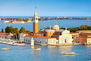 Motorboat Prints: Aerial view of San Giorgio Maggiore church from the Campanile bell tower of the Basilica di San Marco