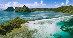 Nido Prints: Aerial view of sandbar with turquoise sea shallow water on tropical Vigan Snake Island