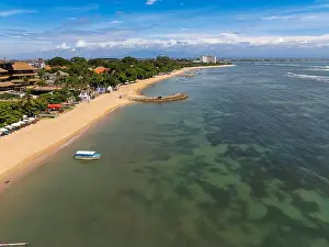 Travel Background Prints: Aerial View of Sandy Beach and Shallow Sea in Sanur, Bali, Indonesia