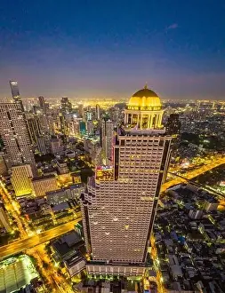 Sathorn Prints: Aerial view of Saphan Taksin district near the Taksin bridge and Chao Phraya river