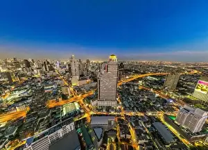Sathorn Prints: Aerial view of Saphan Taksin district near the Taksin bridge and Chao Phraya river