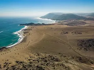 Pan De Azucar Prints: Aerial view of the scenic National Park Pan de Azúcar at the coast of the Atacama desert in Chile - Traveling