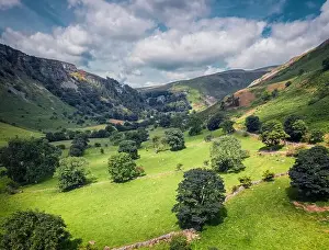 Aerial view over scenic valley of Rhaeadr at bright summer day in Wales, UK