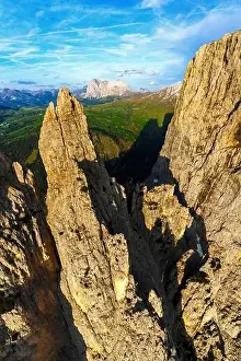 Aerial view of Sciliar with Sassopiatto and Sassolungo mountains in background