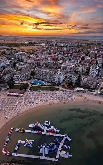 Beach Holiday Prints: Aerial view to a sea resort Ravda, Bulgaria and beautiful sunset