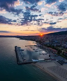 Nessebar Prints: Aerial view to sea resort Sveti Vlas at sunset