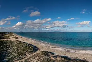 Porto Torres Prints: An aerial view of a secluded and long sandy beach with turquoise ocean water