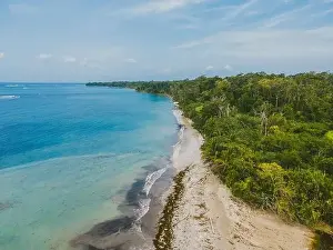 Aerial view of a serene beach with clear blue waters along Costa Rica's lush coastline