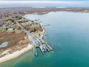 Shelter Island Prints: Aerial view of the Shelter Island Ferry coming into Shelter Island, NY