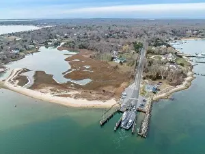Shelter Island Prints: Aerial view of the Shelter Island Ferry coming into Shelter Island, NY