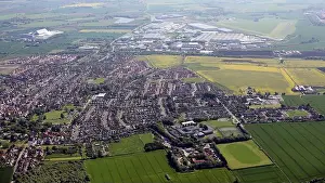 High Above Prints: aerial view of Sherburn in Elmet town and the Industrial Estate & Airfield in the background