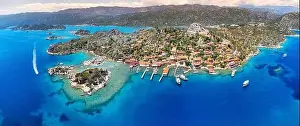 Boat Island Prints: Aerial view of Simena castle and fishing and tourist village Kaleucagiz and Kekova sunken city