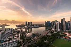 Aerial view of Singapore business district and city during sunrise in Singapore, Asia