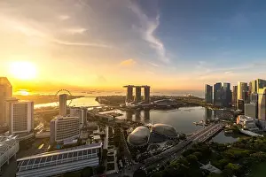 Aerial view of Singapore business district and city during sunrise in Singapore, Asia