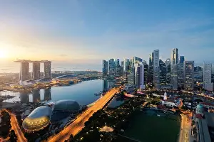 Aerial view of Singapore business district and city at twilight in Singapore, Asia