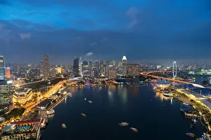Aerial view of Singapore business district and city at twilight in Singapore, Asia