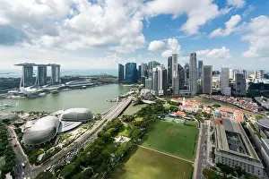 Aerial view of Singapore business district and city at twilight in Singapore, Asia