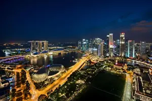 Aerial view of Singapore business district and city at twilight in Singapore, Asia
