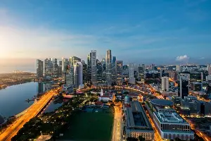 Aerial view of Singapore business district and city at twilight in Singapore, Asia