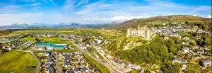 Aerial view of the skyline of Harlech with it's 12th century castle, Wales, United Kingdom