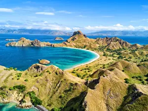 White Water Prints: Aerial view of a small bay and hills on Pulau Padar island in between Komodo