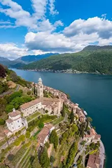 Casa Prints: Aerial view of the small swiss village of Morcote and the church of Santa Maria del Sasso
