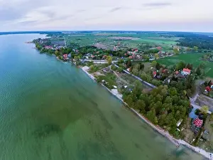 Aerial view of Sniardwy lake and Nowe Guty village
