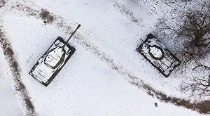 European Architecture Prints: Aerial view of snow-clad tanks in Pozna